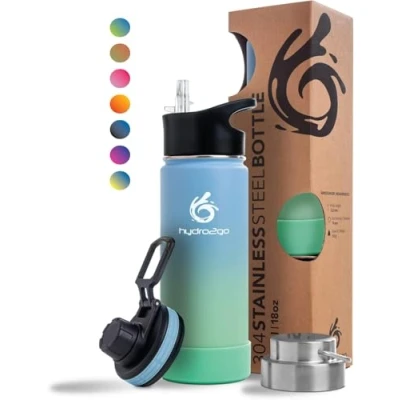 Image of hydro2go ® Stainless Steel Drinking Bottle 500 ml / 0.5 Litres for Children, School, Sports, Fitness &amp; Outdoor Thermal BPA + 3 Caps 100% Leak proof Thermos Flask
