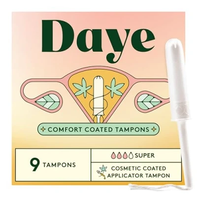 Image of Daye CBD Tampons with Sugarcane Applicator, No Shed Sleeve, Ocean Safe Flushable Wrapper, 100% Organic Cotton, Super Absorbency, 9 Count