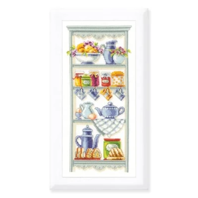 Image of Vervaco Cross Stitch Kit, Kitchen Shelf, Multi Color, 14 Count, 100% Cotton, 22 x 22cm/8.8 8.8in.