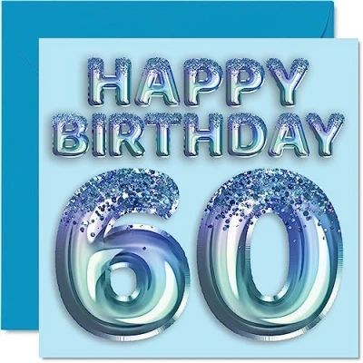 Image of 60th Birthday Card for Men Blue Glitter Party Balloon Happy Cards 60 Year Old Man Uncle Grandad Dad Grandpa Gran, 145mm x Sixty Sixtieth Bday Greeting Gift