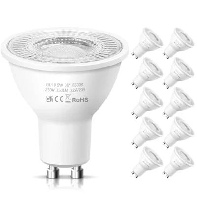 Image of GU10 LED Spotlight Bulbs, Cool White 6500K 5W Energy Saving Light (Equivalent to 50W) 350LM Halogen Non dimmable 220 240V, Bulbs for Ceiling, Pack of 10