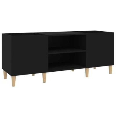 Image of vidaXL Black Record Cabinet Engineered Wood Player Stand with Ample Storage Space Stylish Iron Feet Modern Design Living Room Furniture