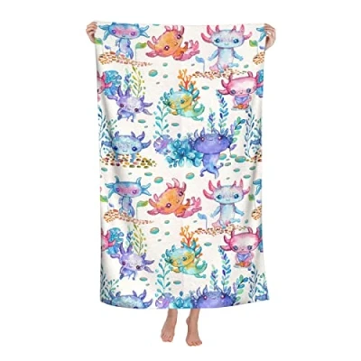 Image of Microfiber Beach Towel for Adults, Watercolor Cute Axolotl Oversized Travel Towels, 130 x 80 cm Pool Large Sand Free Towels