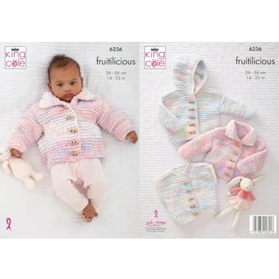Image of King Cole 6236 Knitting Pattern Baby Hooded Jacket Cardigan Waistcoat in Fruitilicious