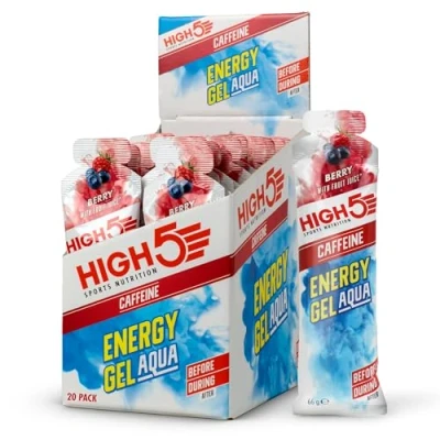 Image of HIGH5 Caffeine Energy Gels Aqua Quick Release Sports to Power Muscles for Peak Performance Natural Fruit Juice On The Go Boost Running, Cycling and Endurance (Berry, 20 x 66g)