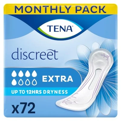 Image of TENA Discreet Extra Individually Wrapped, for Women with Medium Bladder Weakness, Incontinence and Unpredictable Leaks, 72 Pads (12 x 6 packs)