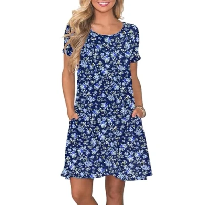 Image of AUSELILY Women&#039;s Summer Dresses Casual T Shirt Short Sleeve Dress Loose Swing with Pockets, Blue Print Flowers S