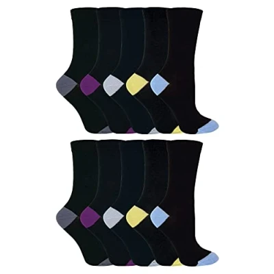 Image of Sock Snob 10 Pairs Multipack Womens/Ladies Black Cotton Socks with Coloured Toes &amp; Heel Size 4 6 (4 6, Classic)