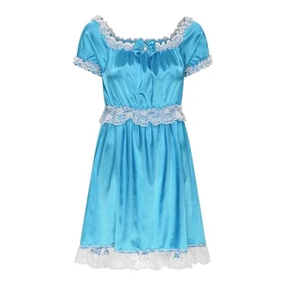 Image of Satini Lingerie Satin Sissy Babydoll Ruffles Frilly Lace Slip Nightwear Dress (Aqua Blue, XL)