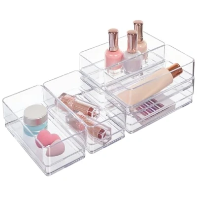 Image of STORi SimpleSort 6 Piece Stackable Clear Drawer Organizer Set 6&quot; x 3&quot; 2&quot; Rectangle Trays Small Makeup Vanity Storage Bins and Office Desk Dividers Made in USA