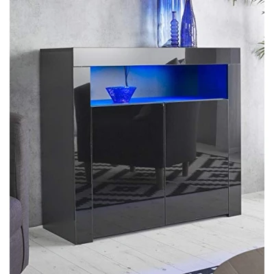 Image of MMT Furniture Designs Ltd Black Buffet Sideboard with LED Lights Sideboards High Gloss Front, Matte Body Modern Storage Unit and Kitchen Cabinet 90cm (W) x 35cm (D) 83cm (H)