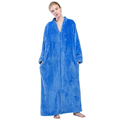 Image of Kinloy Ladies Terry Towelling Dressing Gowns Womens Zip Front Fleece Bathrobe Cosy Winter Warm Flannel Home Housecoat Loungewear Blue XL 14 20 UK