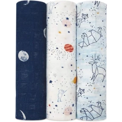 Image of aden + anais silky soft Muslin Swaddle &amp; Receiving Blankets for Baby Girls Boys, 120x120cm, Ideal Newborn Infant Swaddling Wrap Set of Bamboo Viscose, Perfect Shower Gifts, 3 Pack, stargaze