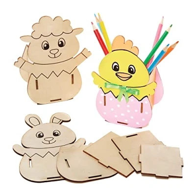 Image of Baker Ross FX534 Easter Wooden Pen Pot Kits Pack of 3, Wood Craft for Kids