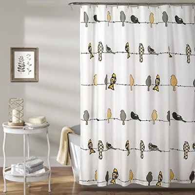 Image of Lush Decor Rowley Birds Shower Curtain, Yellow &amp; Gray, 72&quot; W x L (Pack of 1)
