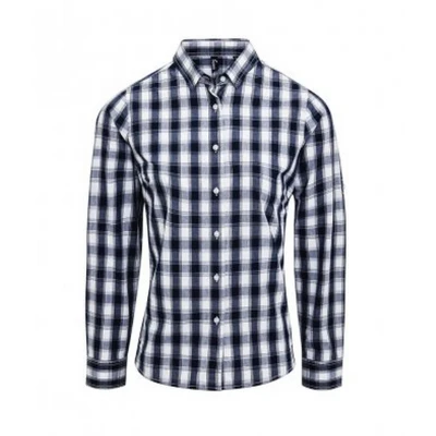 Image of Premier Unisex Womens/Ladies Mulligan Check Long Sleeve Shirt (White/Navy) Cotton Size Large
