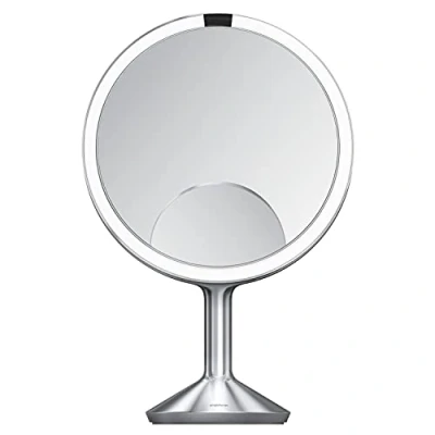 Image of simplehuman ST3050 25cm Sensor Mirror Trio Max with Touch Control Brightness, Light Up Makeup Magnifying Mirror, 10x, 5x, 1x Magnification, LED, Dual Light, Mains Powered, Brushed Stainless Steel