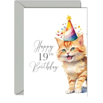 Image of 19th Birthday Cards for Women Men Party Cat Kitten Happy Card 19 Year Old Woman Man Sister Brother Daughter Son Auntie Uncle Cousin, A5 Bday Greeting