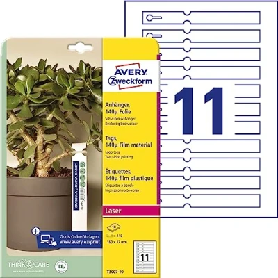 Image of AVERY Zweckform T3007 10 Weatherproof Loop Tags Pack of 110 (160 x 17 mm on A4, Printable Labels, Tear Resistant Key Chains, Robust Plant Labelling) Foil, White