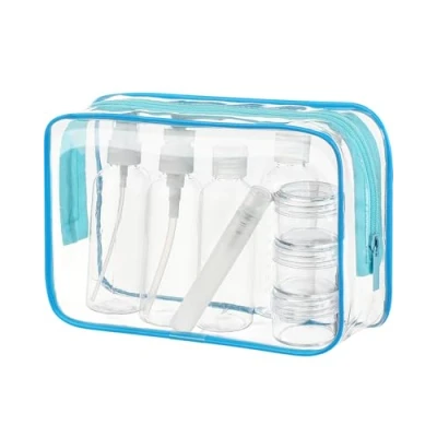 Image of MOCOCITO Toiletry Bag Women &amp; Men Clear Travel Bottles for Toiletries 100ml Set with 8 Bottles(max.3.4oz/100ml) Approved by EU UK Hand Luggage Rules Blue