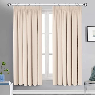 Image of Oxford Homeware Blackout Curtains Bedroom Pencil Pleat Readymade Living Room Window Curtain Tape Top Thermal Insulated Kitchen Curtains+ 2 Tiebacks (Cream, 66&quot; x 54&quot; (168cm 137cm))