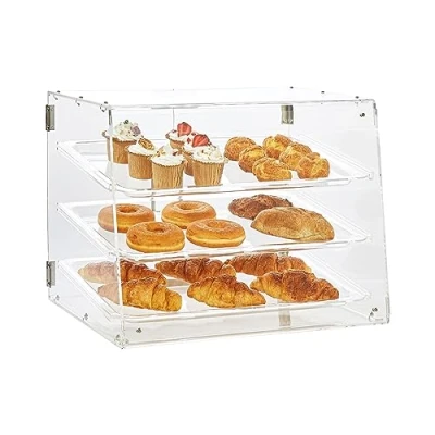Image of VEVOR Pastry Display Case, 3 Tier Commercial Countertop Bakery Acrylic Box with Rear Door Access &amp; Removable Shelves, Keep Fresh for Donut Bagels Cake Cookie, 20.7&quot;x14.2&quot;x16.3&quot;