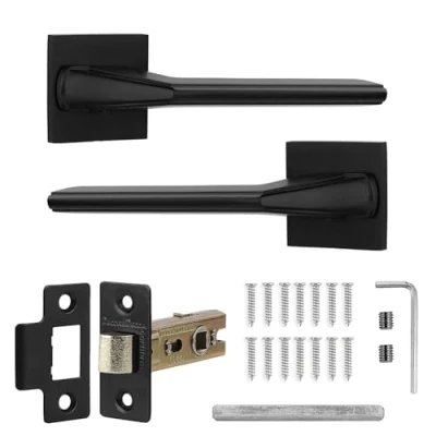 Image of Decoranddecor Black Door Handles Internal Aluminium Matt Handle Sets for Wooden Interior Doors with Fire Rated Tubular Mortice Latch Pera Range