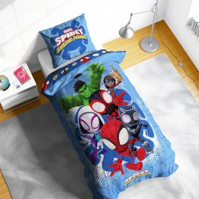 Image of Disney Marvel Spidey and His Amazing Friends Single Duvet Cover Fun Design Kids Bedding Set Includes Matching Pillowcase, 100% Polycotton, Multicolour, 200 x 135cm