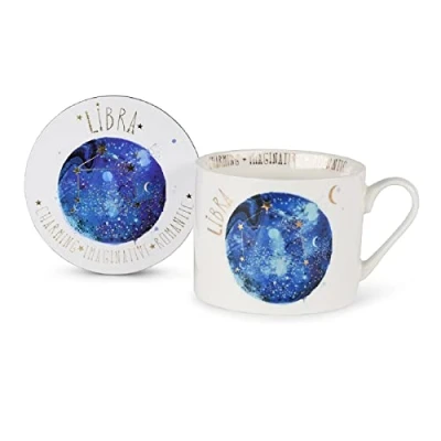 Image of Summer Thornton Mug Set with Coaster in Presentation Gift Box (Libra Design), 11oz Ceramic Coffee Mug. Star Sign Personalised Zodiac Gifts and Mugs for Women Official Merchandise