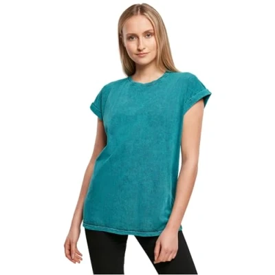 Image of Build Your Brand Women&#039;s By053 ladies Acid Washed Extended Shoulder Tee T Shirt, Teal Black, XXL