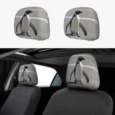 Image of Broleo Grey Penguin Prints Car Headrest Cover 2 Piece Set Interior Accessories Decoration Fit Cars Vans Trucks Universal Seat