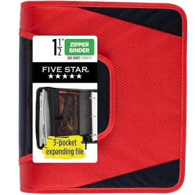 Image of Five Star Zipper Binder, 1 1/2 Inch 3 Ring Binder for School, Pocket Expanding File, 500 Sheet Capacity, Red (72206)