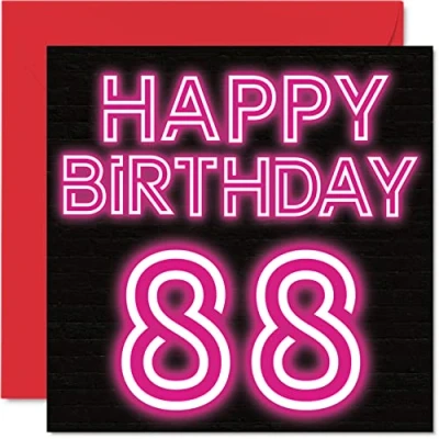 Image of Fun 88th Birthday Cards for Men Woman Neon Glow Happy Card Dad Mum Great Grandad Grandpa Nanny Grandma Gran Uncle Auntie, 145mm x Greeting Cards,