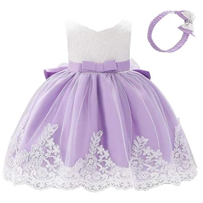 Image of Lito Angels Girls Flower Girl Bridesmaid Lace Dress with Headband Wedding Party Elegant Ball Gown Age 3 4 Years Lavender Purple 426 (Tag Number 100)
