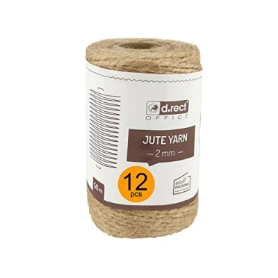 Image of D.RECT 50 m Jute Twine Natural Pack of 12 Brown Cord Packing Gift Ribbon Craft Decorative 2 mm Thick For: Packaging, DIY Arts Crafts, Floristry, Decoration
