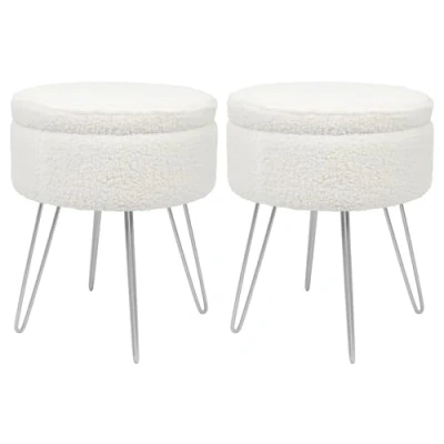 Image of Harbour Housewares 2x Cream/Silver H46 x D37cm Round Boucle Storage Footstools Living Room Dressing Table Footstool Ottoman Pouffe Chair Seat