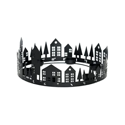 Image of Ivyline Advent Round Tea Light Centrepiece in Black with Cityscape Scenic Design Christmas Festive Metal Candle Holder H15 x W33 D33 cm
