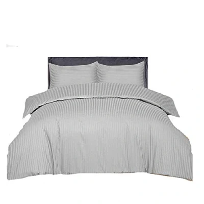 Image of AR Textile 5 Star Hotel Quality 100% Egyptian Cotton Satin Stripe Duvet Cover Set With Pillowcases in White &amp; Cream Colour (Single, Grey)