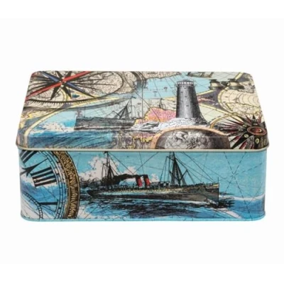 Image of Elite Gift Boxes Adventure Deep Rectangular Tin Maps Compass Historical Nautical 195 x 154 75mm
