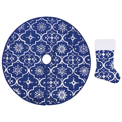 Image of vidaXL Luxury Christmas Tree Skirt with Matching Sock Blue Polyester, Festive Snow Pattern, Handy Storage, 90 cm Diameter