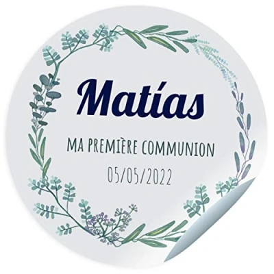 Image of Communion Sticker Labels Personalised Name and Date Stickers for Guests Gifts Size 45mm/60mm/70mm Diameter not Suitable Clothes (Texto Azul)