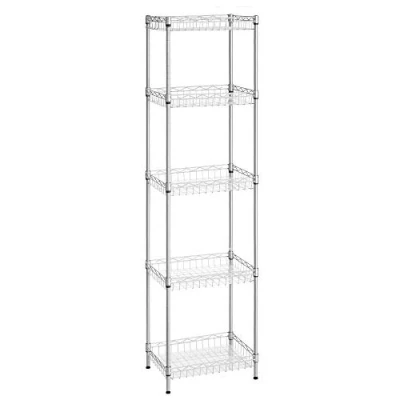 Image of SONGMICS Metal Storage Shelf, Wire Basket Shelving Unit, Kitchen Rack, 4 Hooks, PP Sheets, Adjustable Shelves, Total Load Capacity 100 kg, for Bathroom, Pantry, Small Spaces, Silver LGR105E01