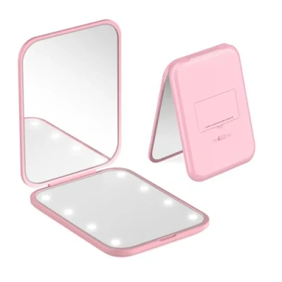 Image of Travel Makeup Mirror, 1X/3X Magnification LED Compact Mirror with Iternal BIattery, Portable, Handheld, Foldable Pocket for Purse, and Daily Use, Ideal Gift Giving, Pink