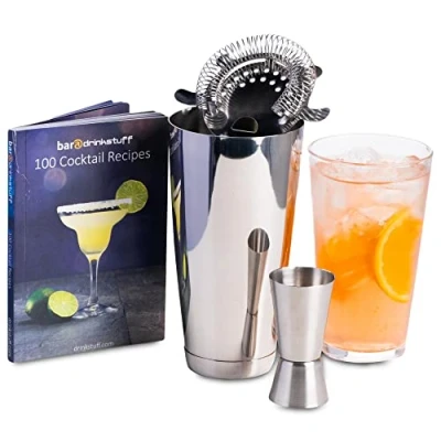 Image of bar@drinkstuff Basic Cocktail Shaker Set with Book Professional Boston Tin &amp; Glass, Jigger Measure Hawthorne Strainer Affordable Gift