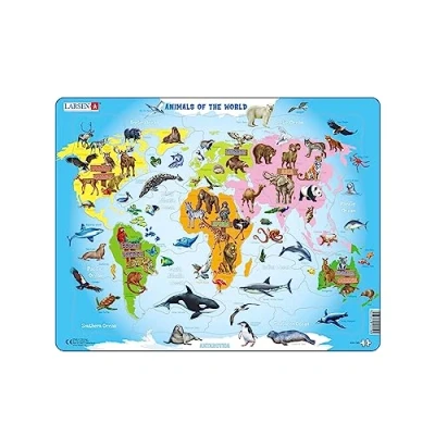 Image of Larsen A34 Animals of the World Jigsaw Puzzle for Younger Children Ages 4+, English Edition 28 Pieces Development Boys &amp; Girls Boxless Tray Frame Included