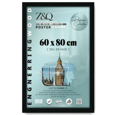 Image of Z&amp;Q Wall Mounted Poster Picture Frame Black 80 x 60 cm Display Painting Photo Print With HD Clear Perspex Both Ways Hanging Hooks MDF Wood 30x15mm Moulding