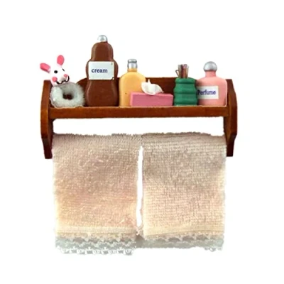 Image of Dolls House Pink Toiletries &amp; Towels on Shelf Miniature Bathroom Accessory