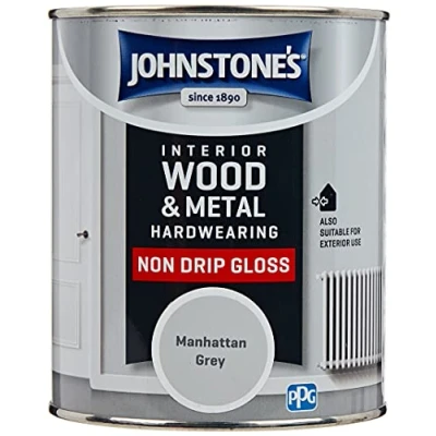 Image of Johnstone&#039;s Interior Wood &amp; Metal Hardwearing Manhattan Grey High Sheen Non Drip Gloss Finish Suitable Paint Exterior Dry in 16 24 hours 14m2 Coverage per Litre 750ml