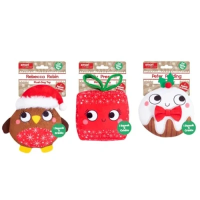 Image of YöL Pack Of 3 Plush Christmas Dog Toys Squeaker Pet Gift Pudding Robin Xmas