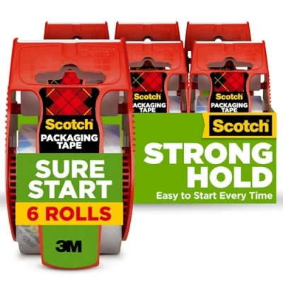 Image of Scotch Sure Start Shipping Packaging Tape, 1.88&quot; x 22.2 yd, Designed for Packing, and Mailing, Quiet Unwind, No Splitting or Tearing, 1.5&quot; Core, Clear, 6 Dispensered Rolls (145 6)